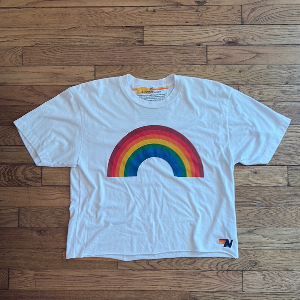 Aviator Nation Short Sleeve Tee in White with Rainbow Design